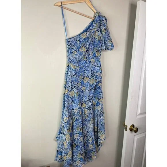 NWT ASTR Santorini One Shoulder Puff Sleeve Blue Peach Floral‎ Midi Dress Sz: XS